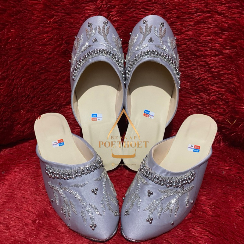 Sandal slop sepatu pengantin pria wanita couple set silver abu abu payet hak payet mewah