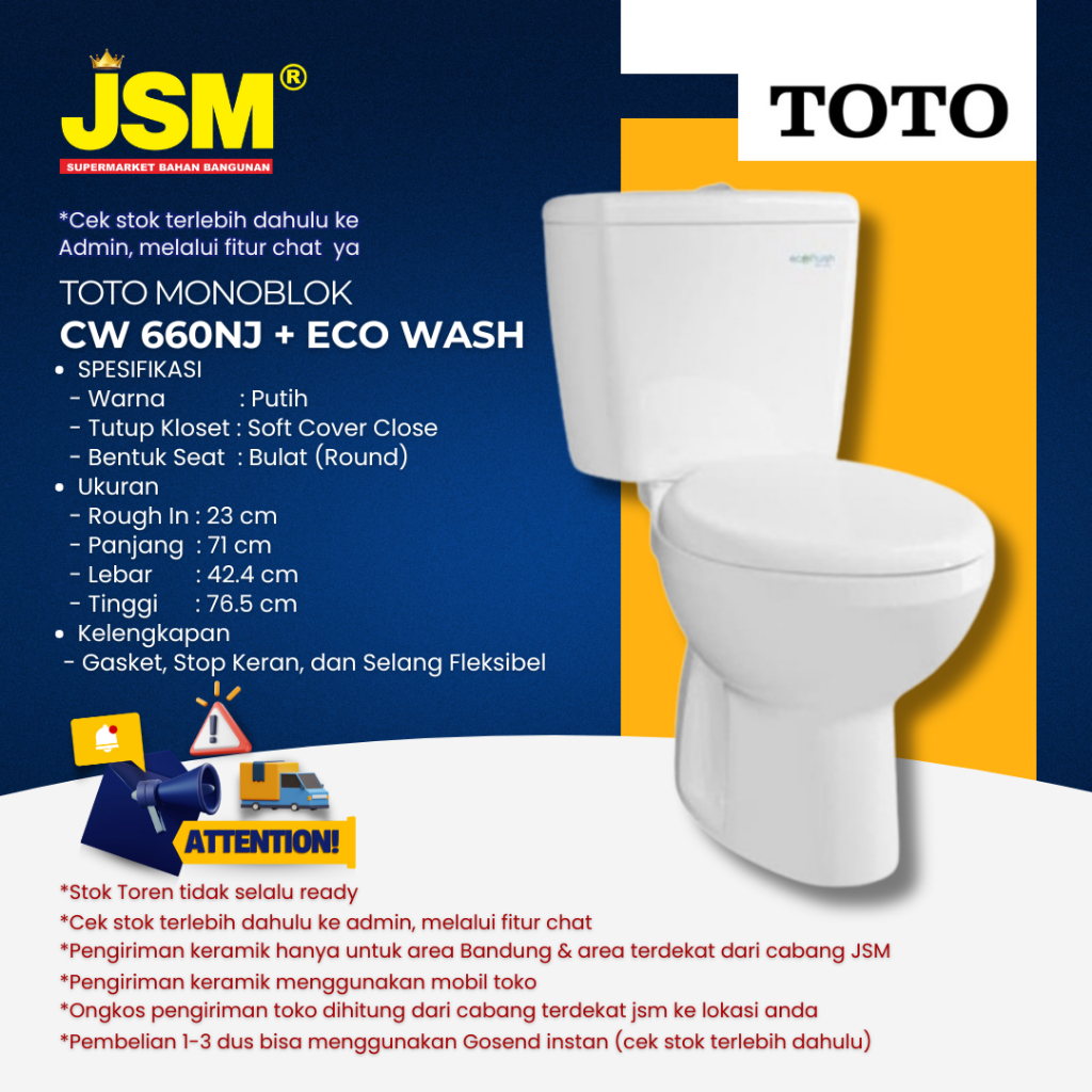 Toto Kloset Closet Duduk Dual Flush CW660NJ + Eco Washer Putih - JSM Supermarket Bahan Bangunan