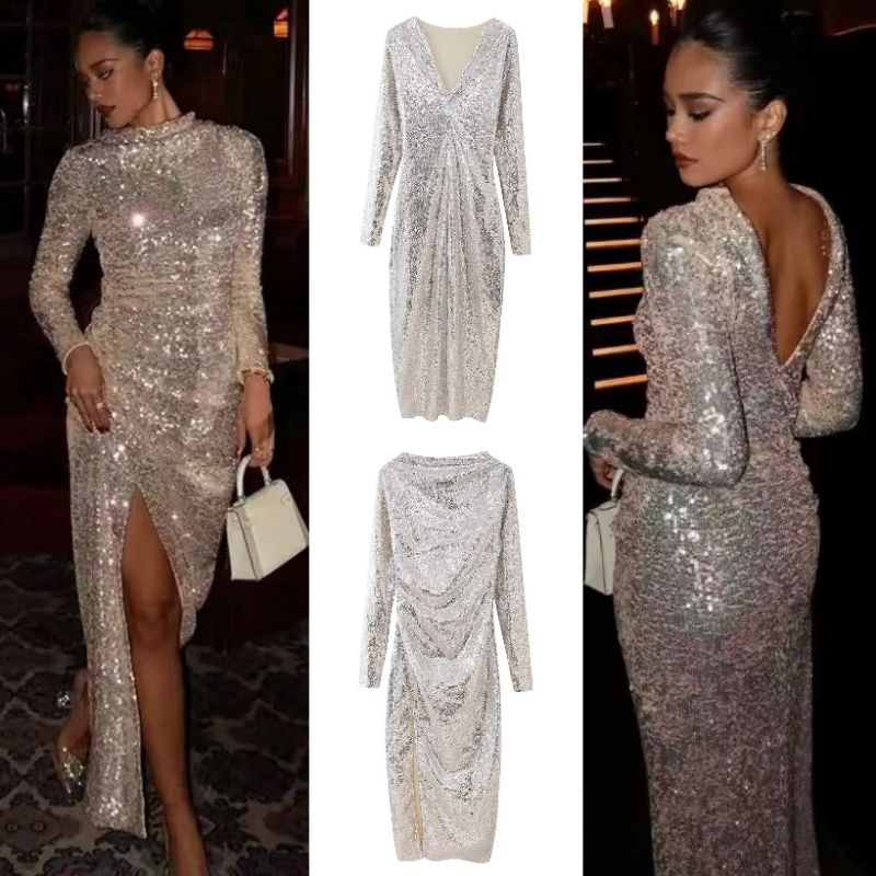 Silver Sequin Long Dress  76182