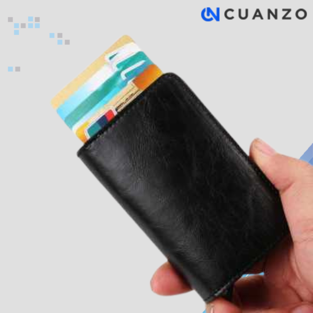 Dompet Kartu Anti RFID Bahan Kulit dengan Holder Aluminium / Dompet Kartu Uang Atm Nama Ktp Emas Ant