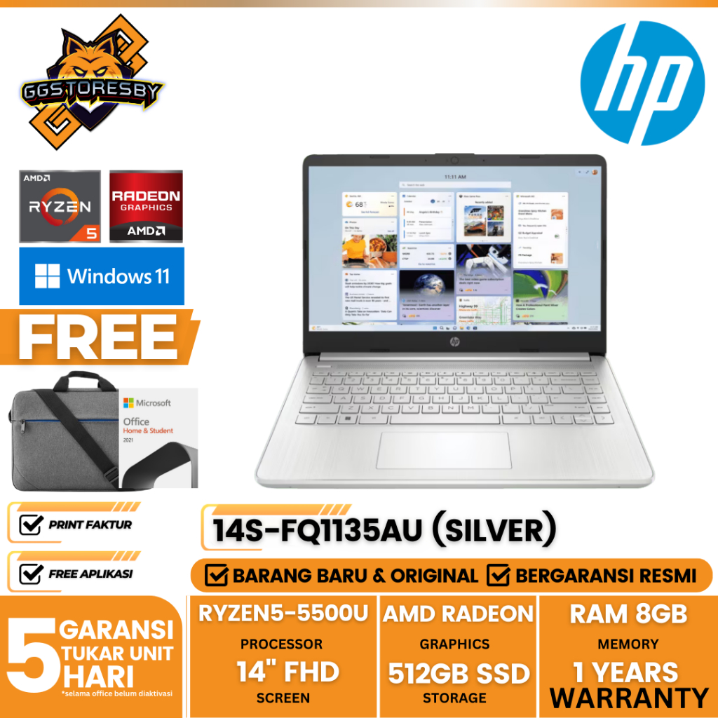 LAPTOP HP 14s-FQ1135AU | R5-5500U 8/512 AMD 14" FHD W11+OHS21