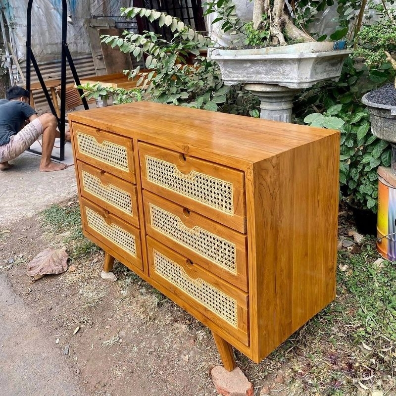 Buffet tv meja tv minimalis modern kayu jati laci rotan