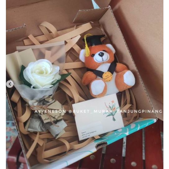 Delight Hampers Kotak Boneka Wisuda Coklat dan Bunga Putih