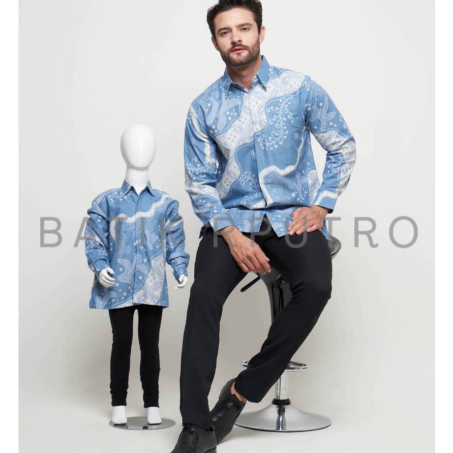 HJ6 Kemeja Batik Couple Ayah Anak Baby Blue Batik Pria Warna Baby Blue Batik Pria Ice Blue Batik Blu