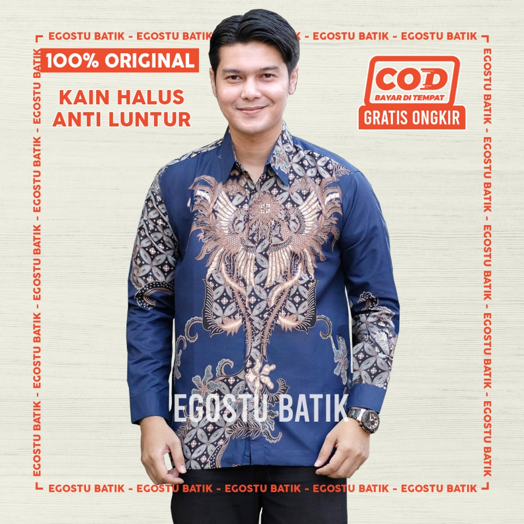 EGOSTU BATIK Kemeja Pria Lengan Panjang Baju Batik Dewasa Biru Navy Ukuran M-L-XL-XXL
