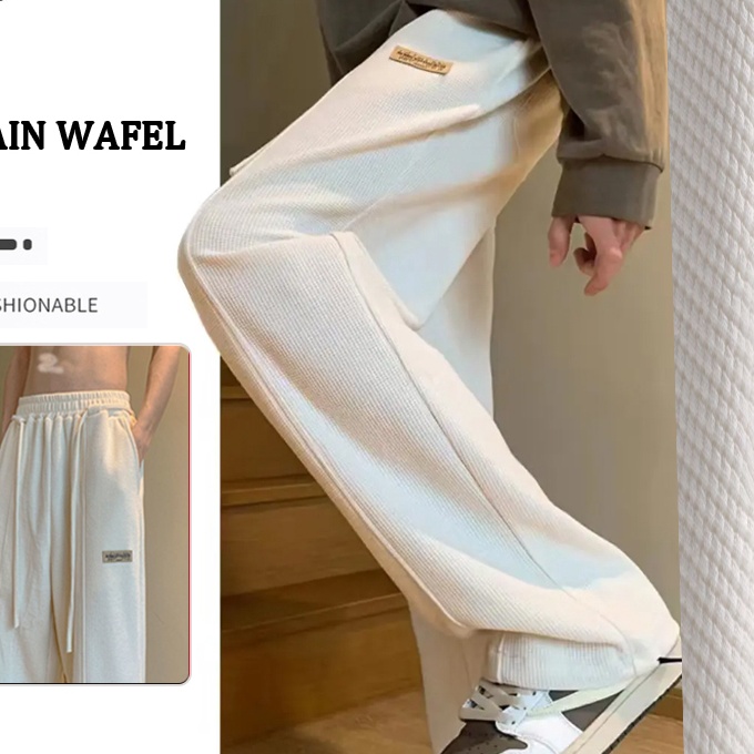 Wow celana panjang polos pria putih Kain wafel celana lurus highwaist tebal celana panjang pria kaki