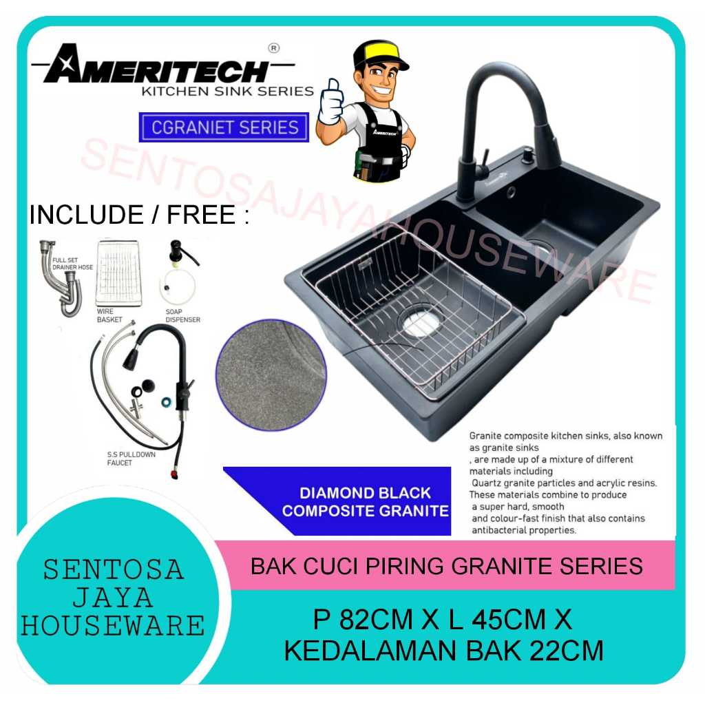 BAK CUCI PIRING GRANITE DIAMOND BLACK 2 LUBANG / KITCHEN SINK GRANITE AMERITECH 2 LUBANG