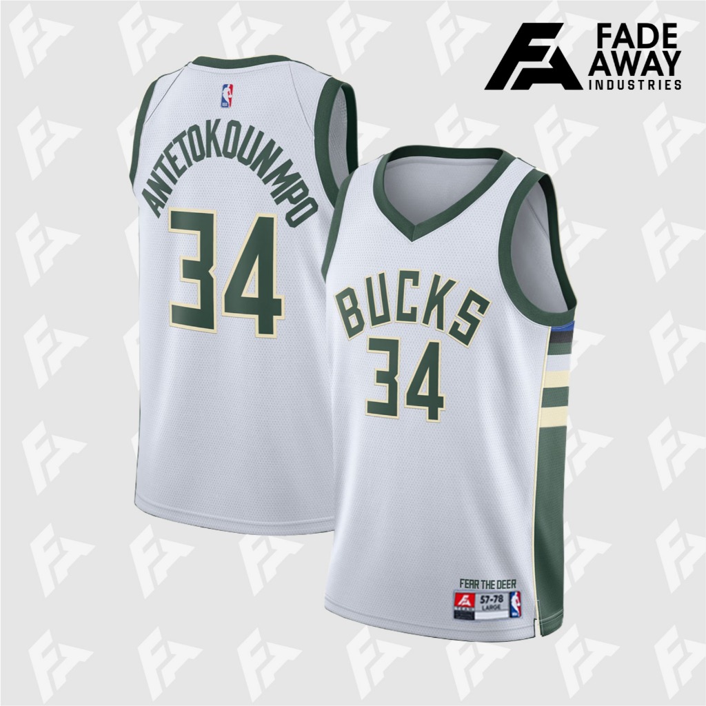 Jersey Basket NBA Milwaukee Bucks Giannis Antetokounmpo #34 Putih - Anak & Dewasa