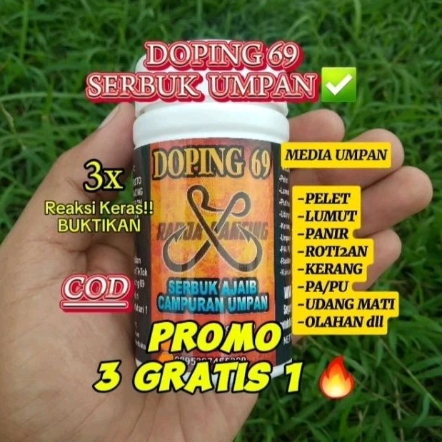 DOPING 69 Serbuk Ajaib perangsang Umpan Lumut, Pelet, Galatama (Nila, Bawal, Patin, Tombro, Ikan Mas