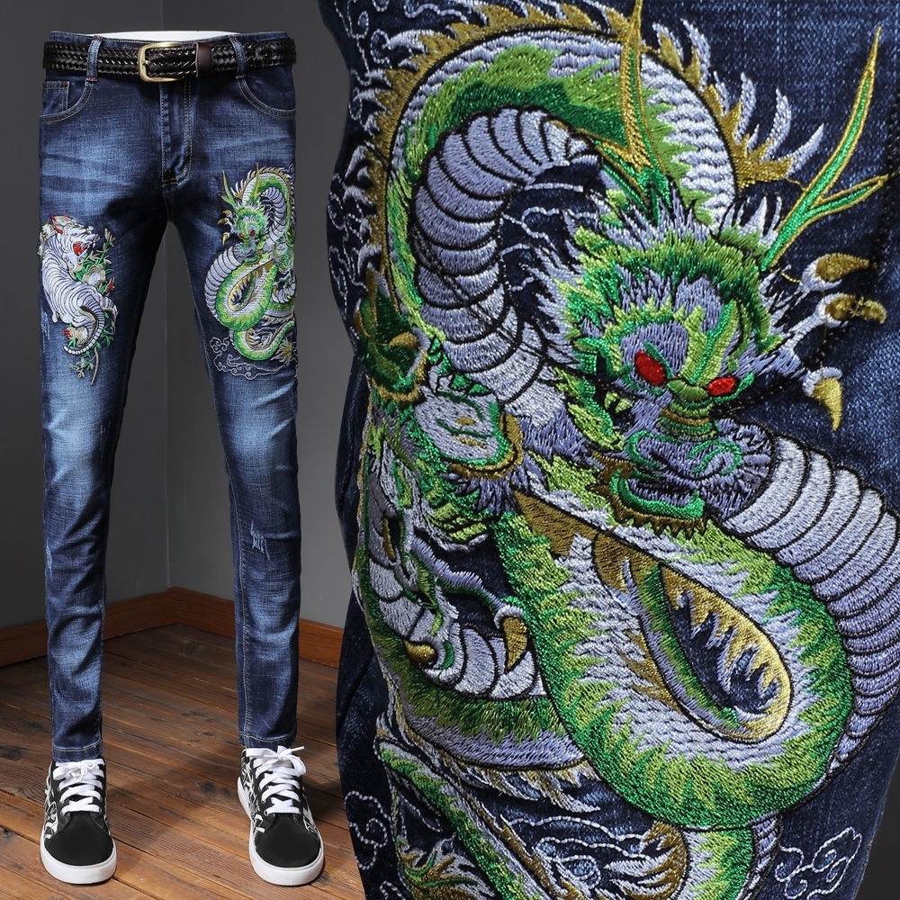 Celana Panjang Jeans Denim Pria Slim fit Bordir Naga dan Harimau Original Terbaru