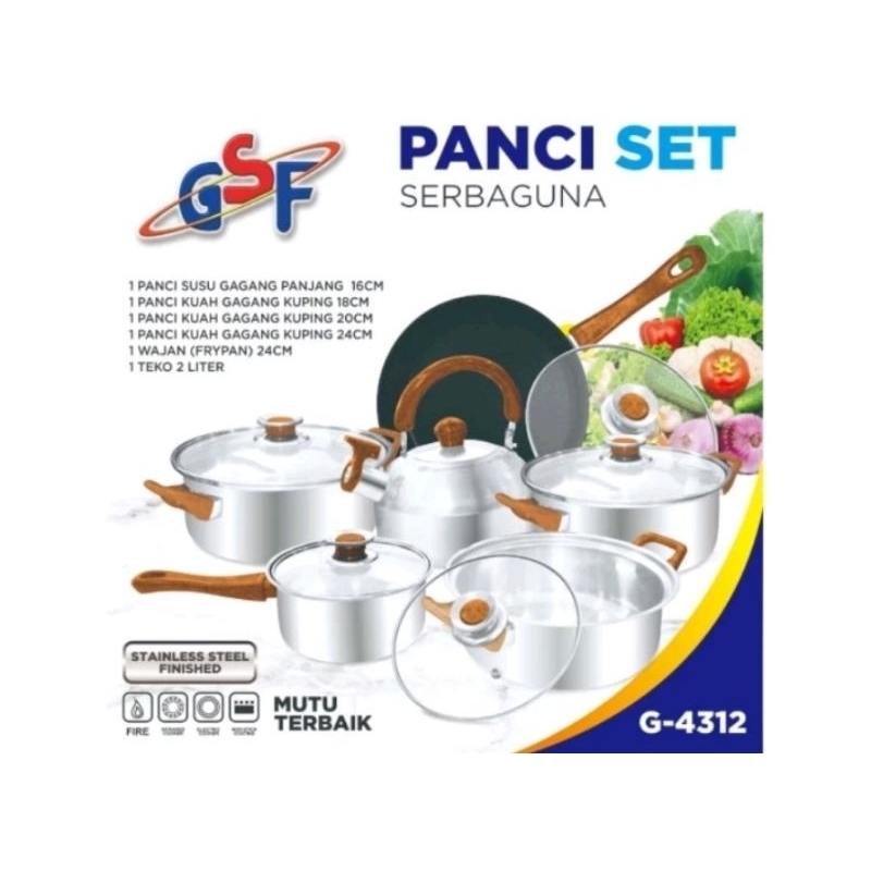 PANCI SET SERBAGUNA GSF G-4312 panci set stainless steel panci set anti karat panci set tutup kaca
