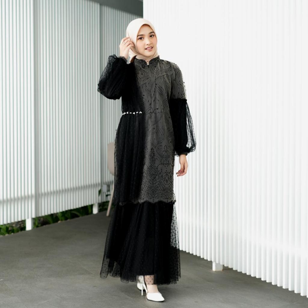RAISHA-Gamis Brukat HABIBA Dress Kondangan Model Duyung Full Tile Brokat Bordir Keliling Mix Tile Do