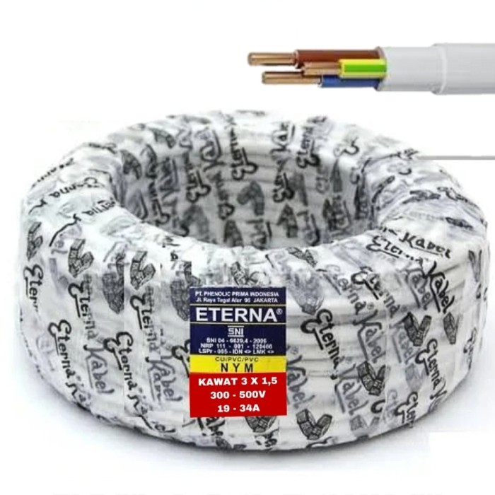 Kabel SUPREME / EXTRANA NYM 2X1,5, 2X2,5, 3X1,5, 3X2,5 @50m PUTIH KAWAT TUNGGAL ETERNA GOAL