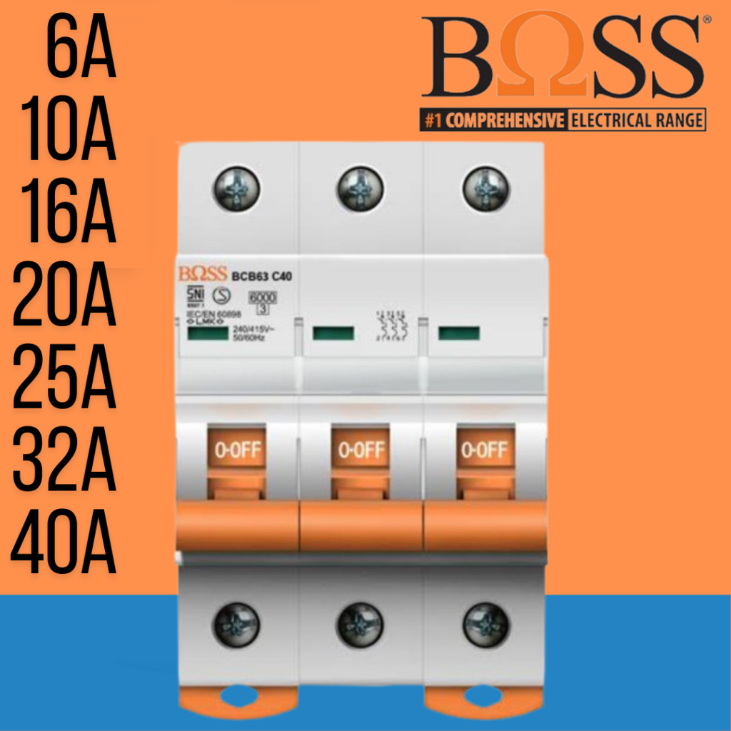 MCB 3Phase Breaker 6kA 6A 10A 16A 20A 32A 40A merk Boss - Original Product