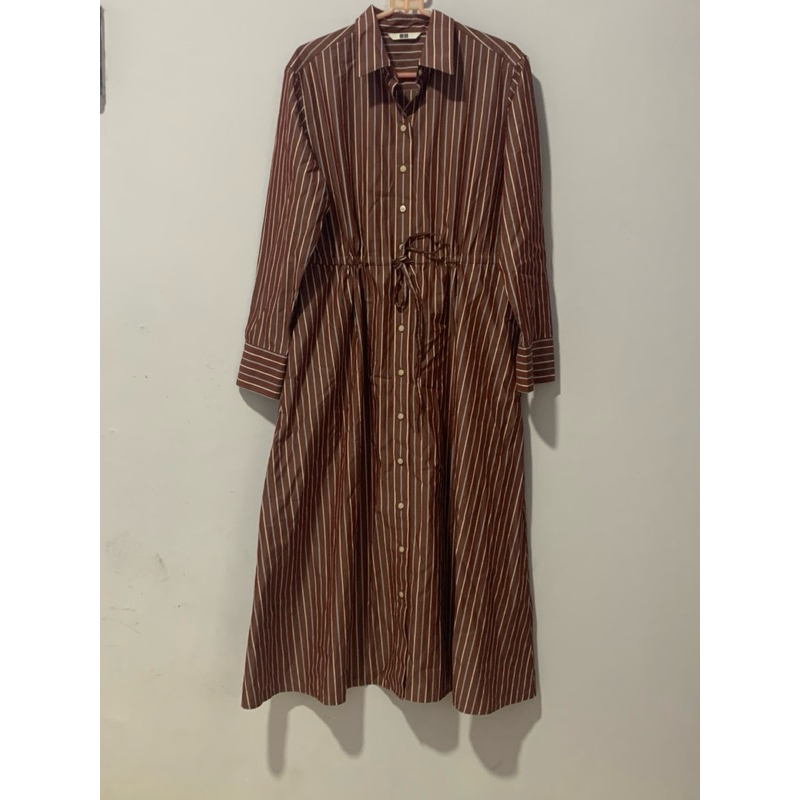 Women Gaun Kemeja Rayon Blend Garis Lengan Panjang Dress Wanita UNIQLO {PRELOVED}
