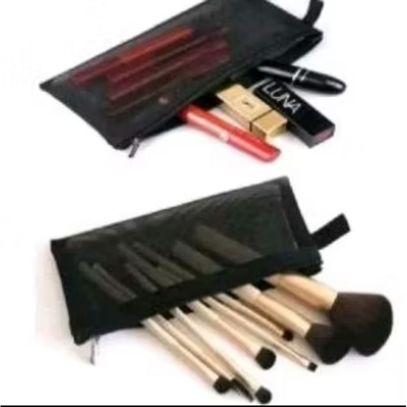 tas kosmetik tas rias tas pensil kuas makeup kain jala hitam transparan