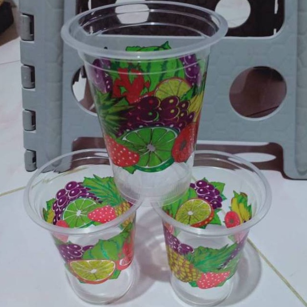 GROSIR Gelas Plastik 16oz Gelas Printing Gambar Motif Buah 1Roll isi 5cup