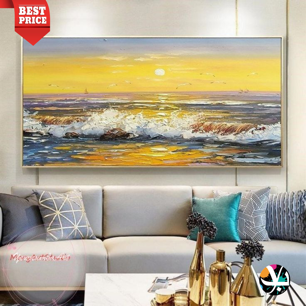 lukisan pantai timbul - lukisan kanvas pantai - lukisan kanvas senja - lukisan siap pajang