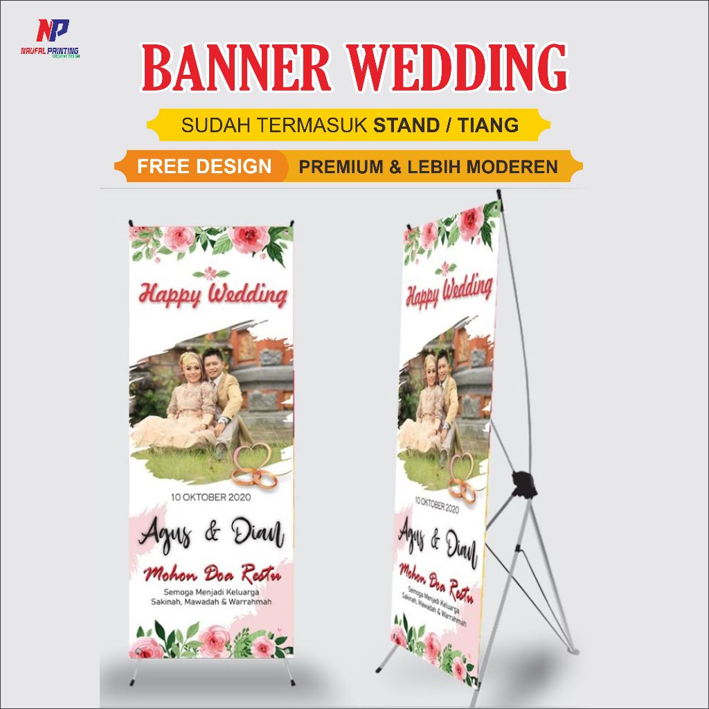 Banner Wedding / Banner Pernikahan, ukuran 60x160 cm sudah termasuk Tiang / Stand