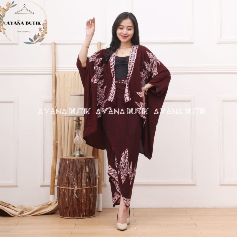 ONE SET KEBAYA CARDIGAN ROK LILIT BATIK MOTIF MEGA MENDUNG