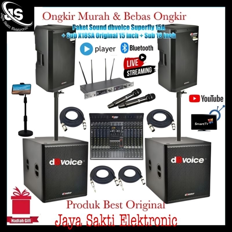 Paket Sound system dBvoice Super Fly 15A Sound 15 inch plus Sub X18 Sa 18 inch original Full