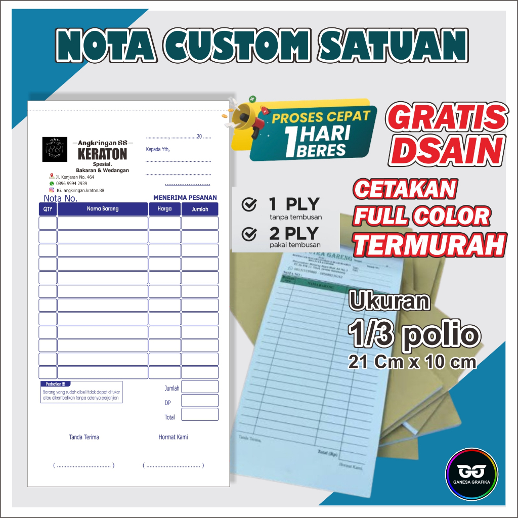 

cetak nota custom ukuran 1/3 polio 2 ply nota nama toko sendiri GANESA GRAFIKA