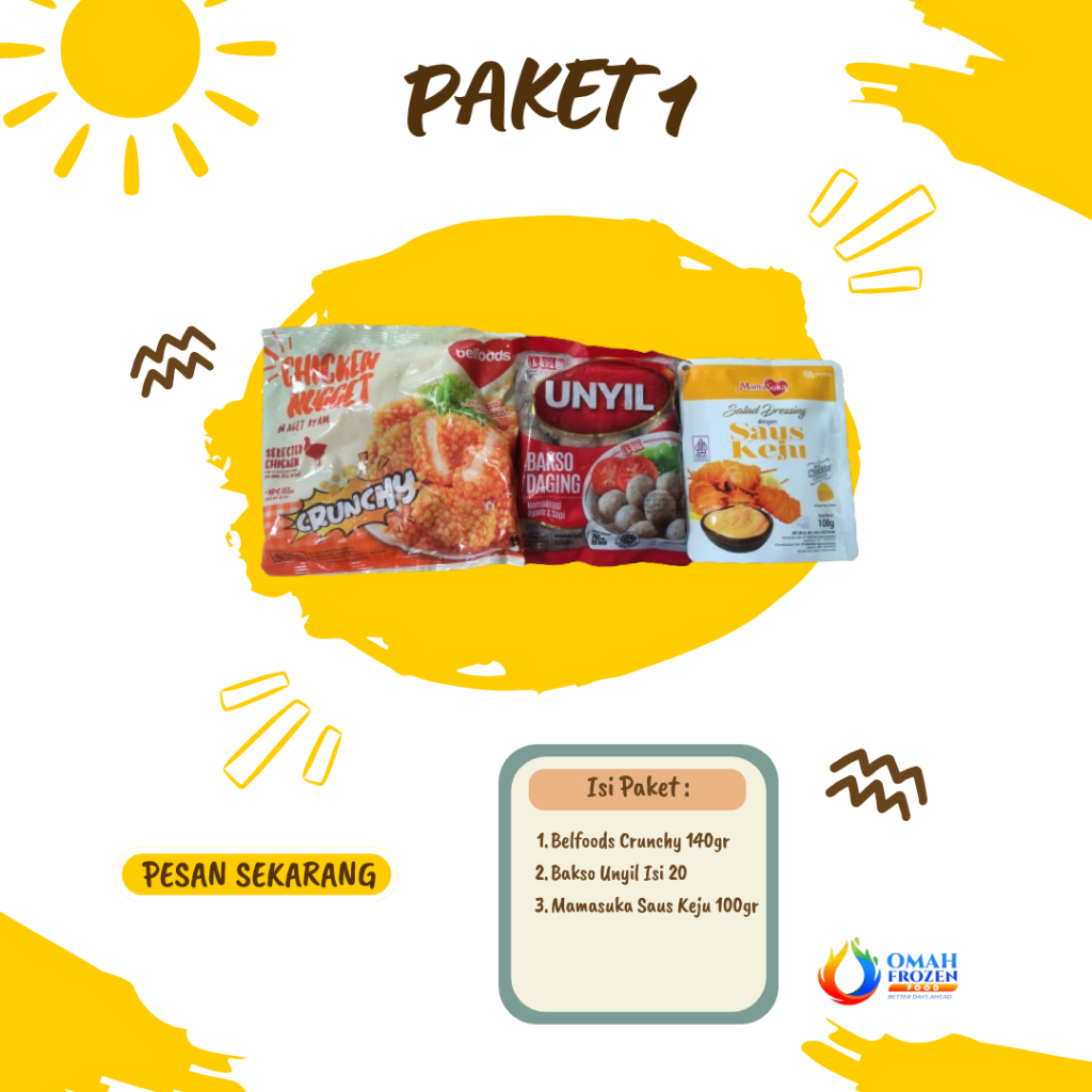 

Paket 1 Paket Frozen Food (Belfoods Naget Crunchy, Bakso Unyil, Mamasuka Saus Keju) (NON COD DILUAR KOTA JATENG)