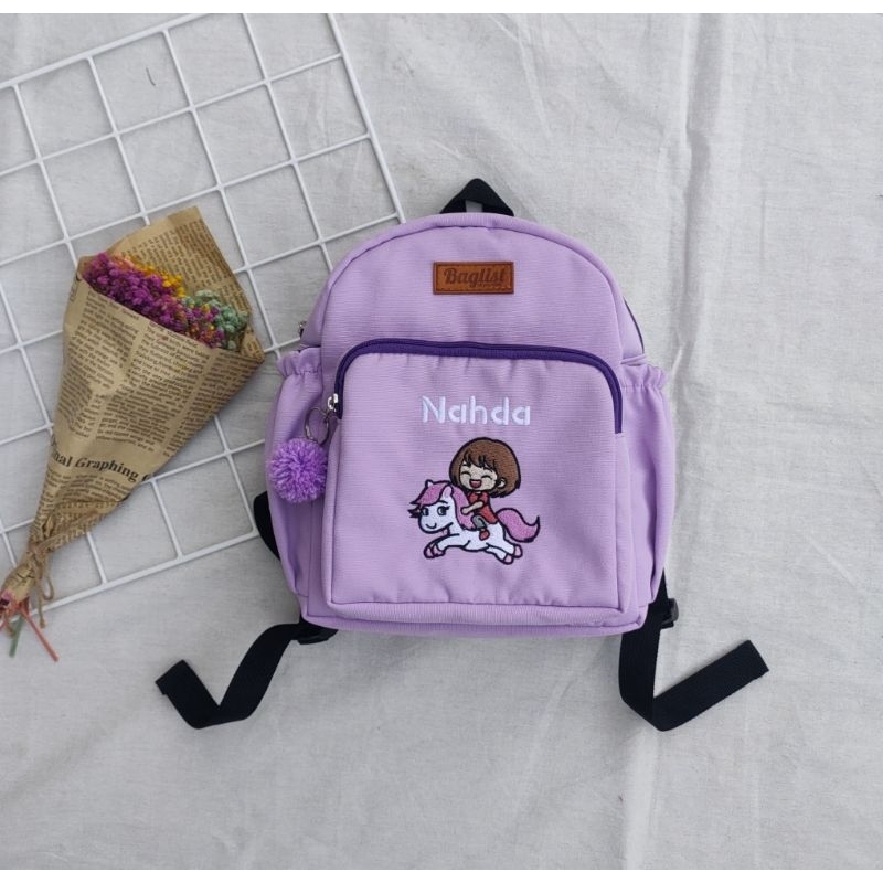 Tas Anak PAUD/TK size M warna Purple/Lilac/Ungu Full Bordir Nama dan Gambar