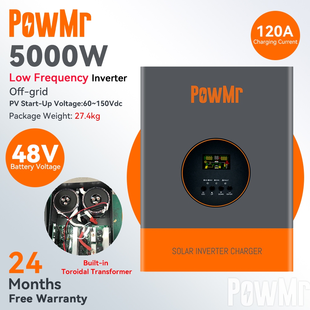 [Toko Resmi] PowMr 5KW Inverter Surya Hibrid Frekuensi Rendah Off Grid 230Vac Tegangan PV 60-150Voc