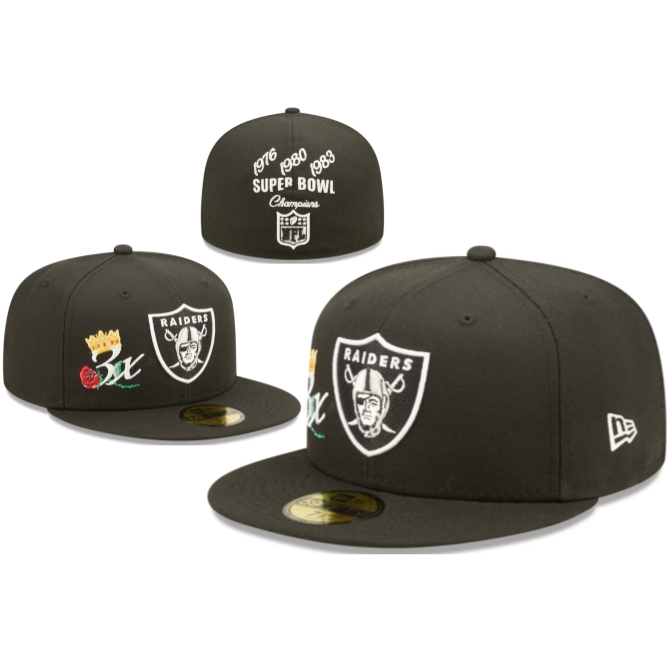 Topi NFL Oakland Raiders Black White 3 Champion Build Up Fitted Cap Bordir