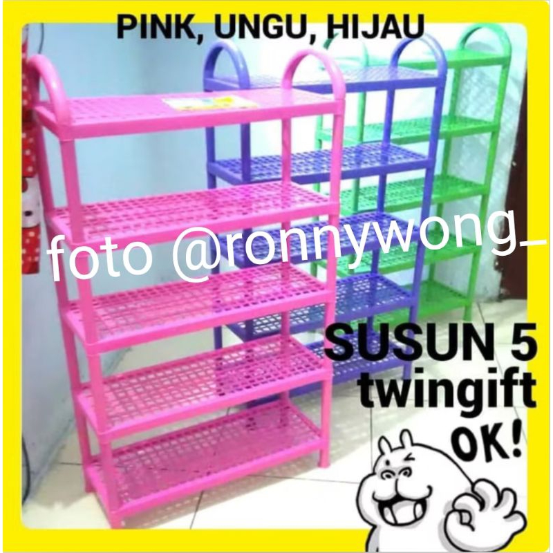 Rak Sepatu Plastik Susun 5, Warna UNGU, PINK, HIJAU