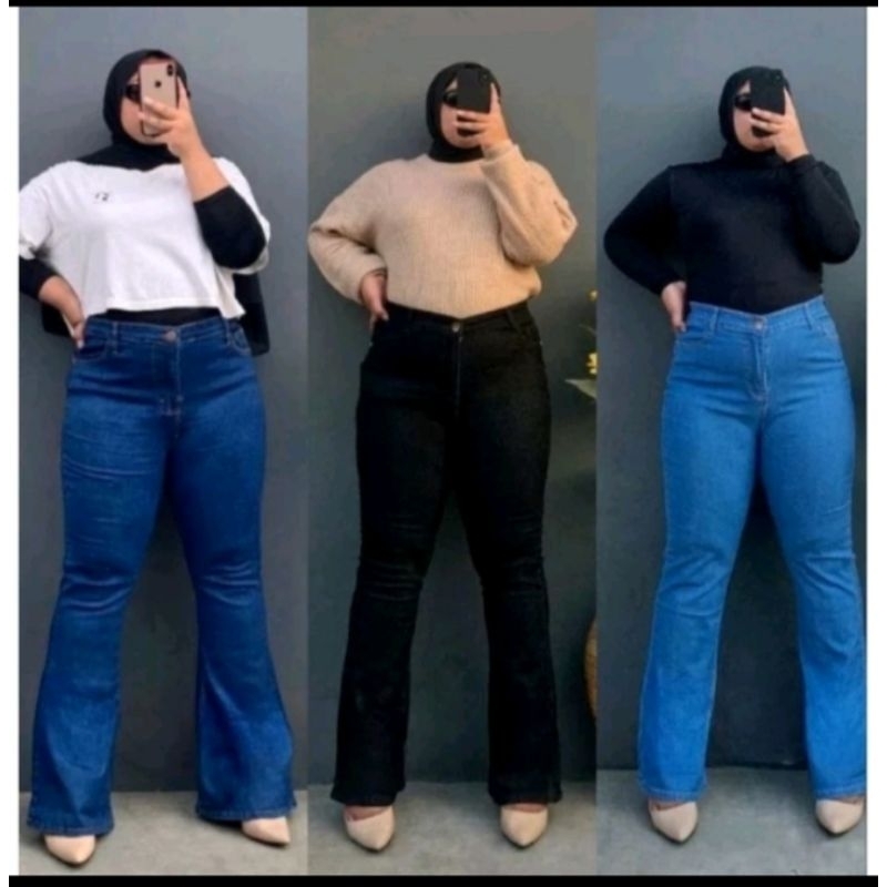 Celana Highwaist Cutbray Jeans Jumbo Wanita Big Size 35-43