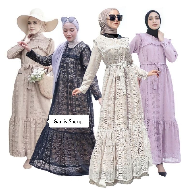 NEW GAMIS BROKAT SHERYL DRESS HIJAB RUFFLE DRESS PANJANG LIPIT