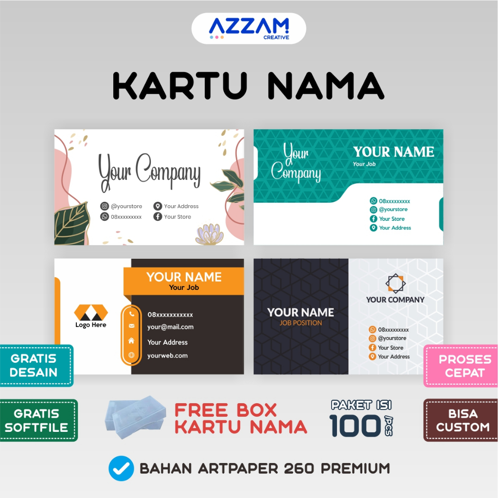 

KARTU NAMA / KARTU NAMA CUSTOM / ID CARD / NAME TAG / FREE BOX KARTU NAMA ( LAMINASI GLOSSY / DOFF )