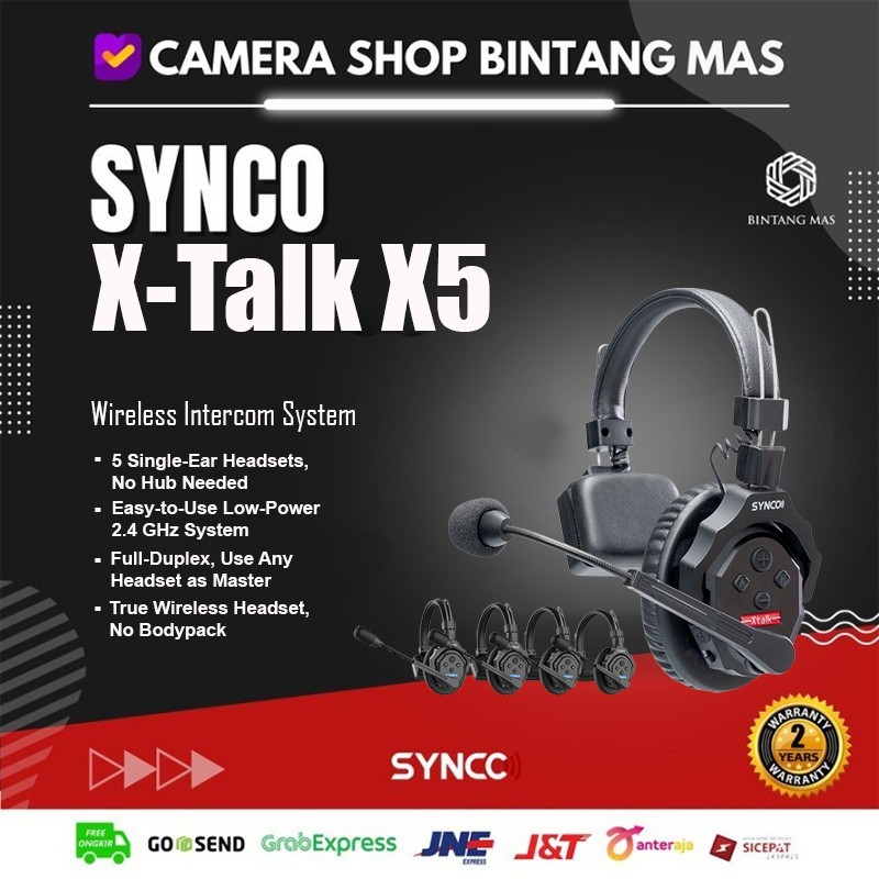 Synco X-Talk X5 Wireless Intercom System with 5 Single-Ear Headsets XTalk Nirkabel Interkom