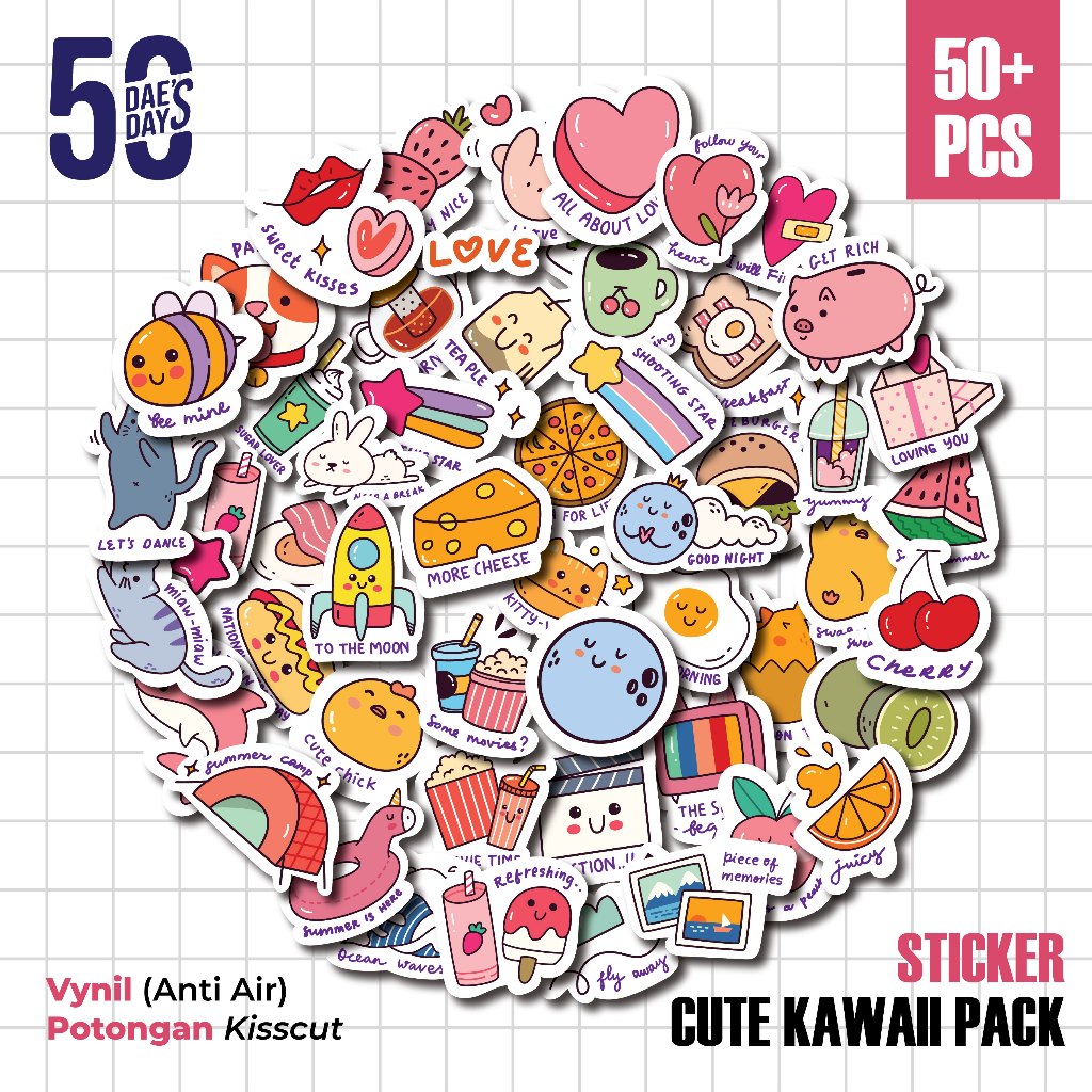 

50 PCS STIKER Aesthethic CUTE KAWAI | Vinyl Waterproof | Stiker Helm Buku Journal HP Tumbler