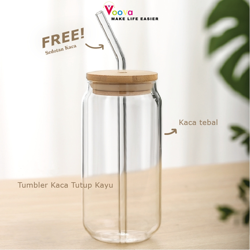 VOOVA Gelas Kaca Gelas Mug / Gelas Jar Gelas Kaca Estetik Cafe 350/550ML / Tumbler Kaca Tutup Kayu E