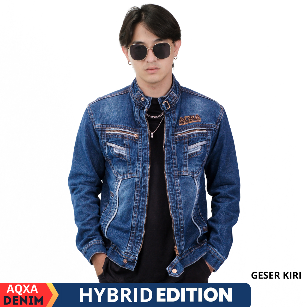 AQXA Jaket Jeans Denim Pria Cowok Tebal Kerah Sanghai Buat Nongkrong & Motoran STD2 Slimfit