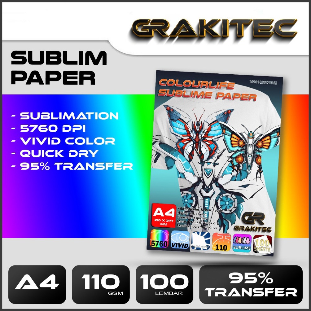 

KODE X29Y Kertas Sablon Sublim Transfer Paper A4 LEGAL F4 11 Gsm GRAKITEC Colourlife Sublime Paper A4 isi 1 Lembarr