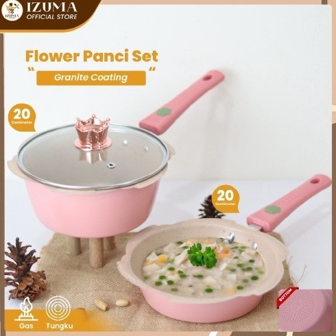 KODE R93Q IZUMA Panci Set 2 IN 1 Bunga Sakura Granit Wajan Keramik Food Grade Aman Untuk Mpasi Balit