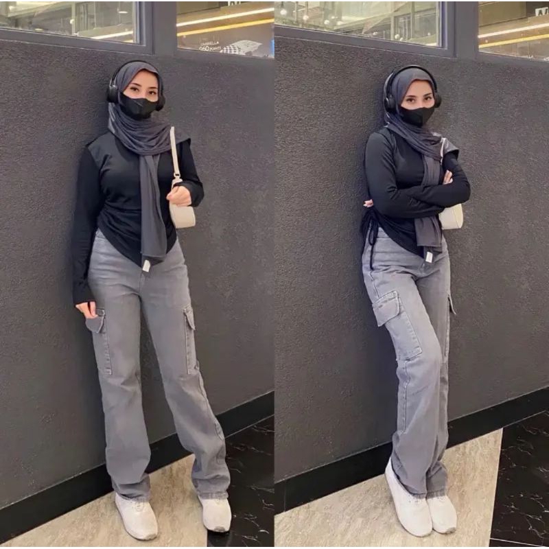 Celana Jeans Cargo Wanita Highwaist Celana Panjang Celana Kulot Jeans cargo