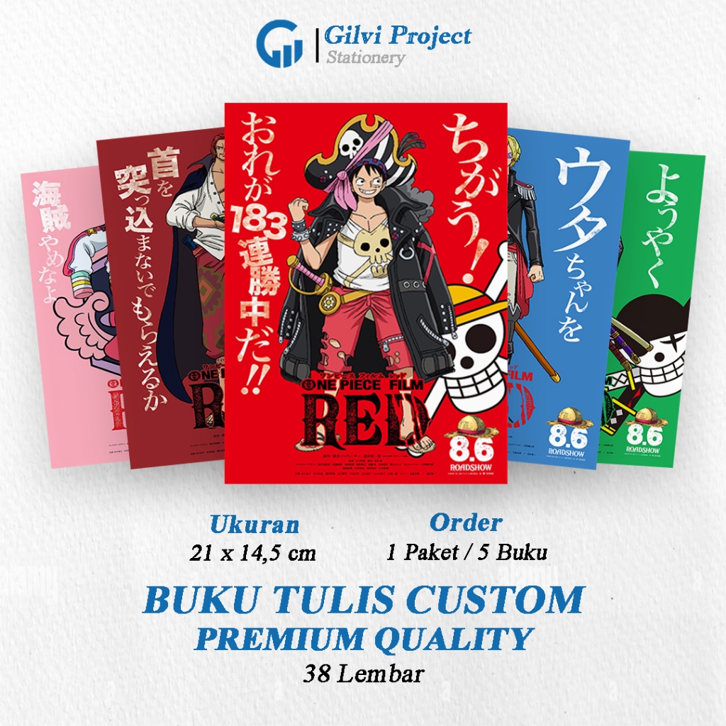 

Buku Tulis Sekolah Custom Tema ONE PIECE RED Bergaris 38 Lembar 1 Pak Isi 5 Buku/ Buku Tulis Anime/ Buku Aesthetic/ Buku Catatan