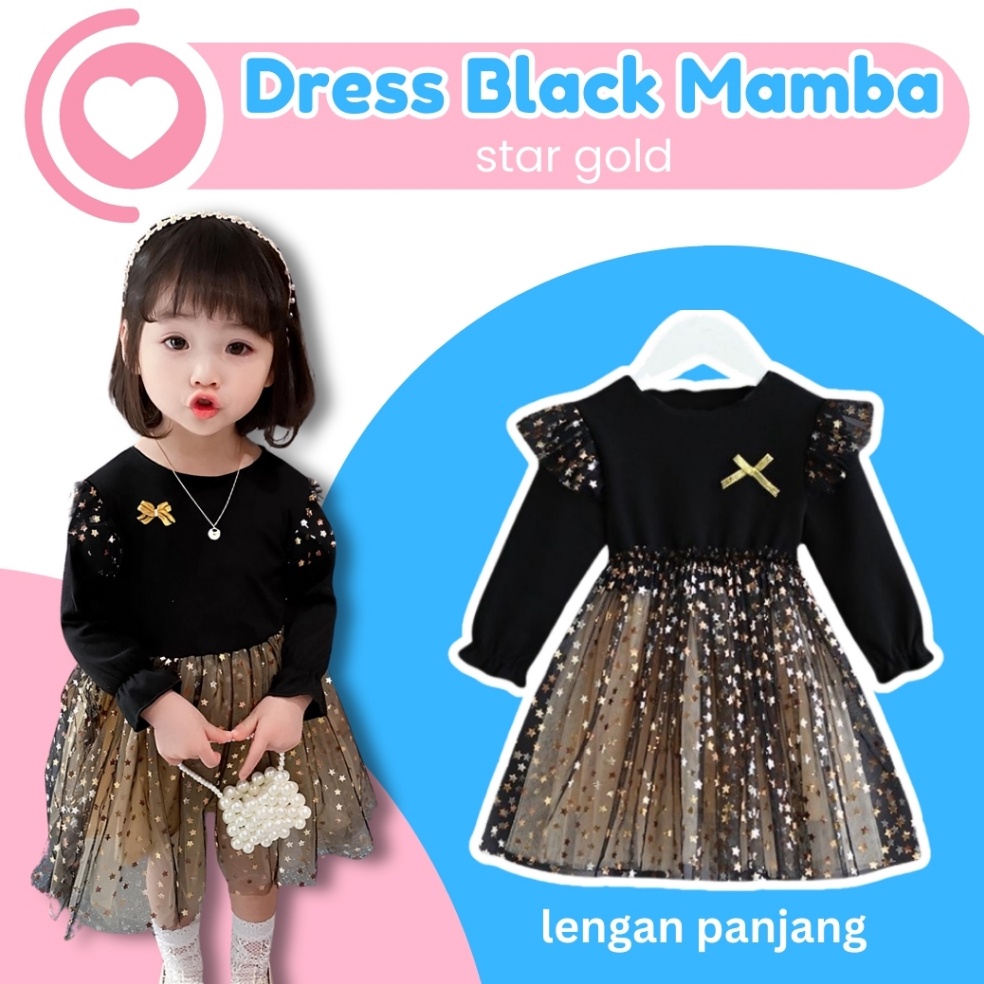KODE K79R Lentera Anak 7 Tahun Dress Anak Pesta Black Mamba Star Gold Long Perempuan Gaun Hitam Rok 