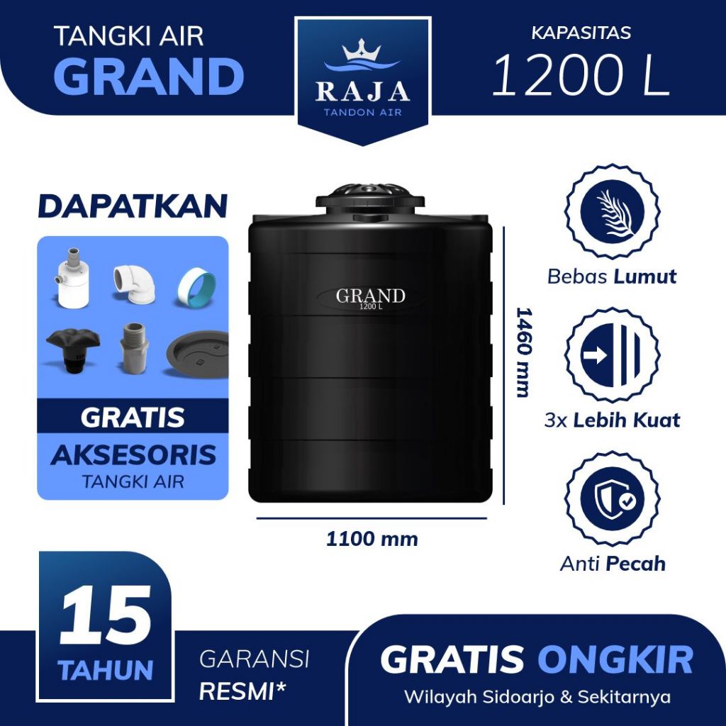 Tangki Tandon Toren Air Grand 1200 Liter Anti Lumut Free Ongkir