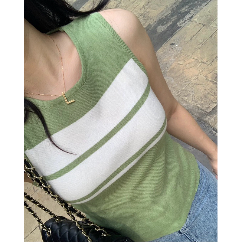 Leryn - Claudi Stripe Top Atasan Bangkok Giants Basic Lamoon  Motif Salur Knit Sleeveless Rajut Impo