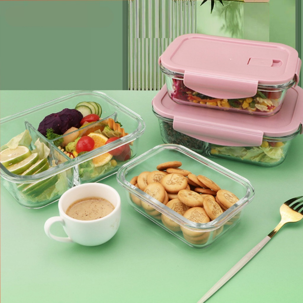 Lunch Box Kotak Tempat Makan / Bahan Kaca Microwave Oven Safe Bersekat
