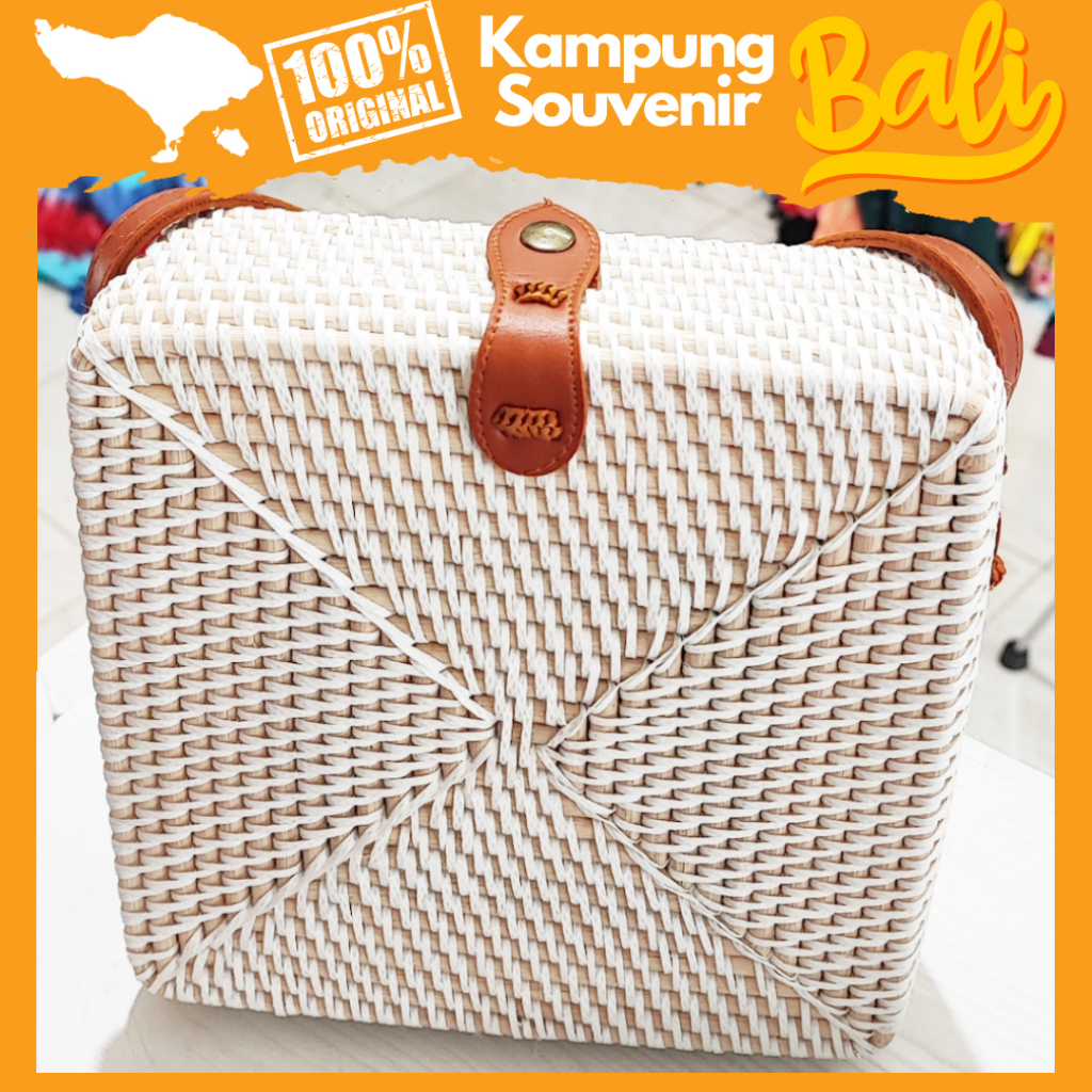 Tas Rotan Kotak Etnik Bali 20x17x7Cm Dompet Polos List Hitam Selempang Wanita
