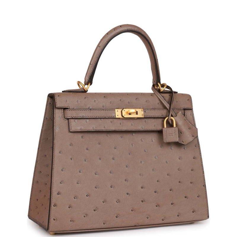 HM Ostrich KeIIy Gris Verso Gold Hardware
