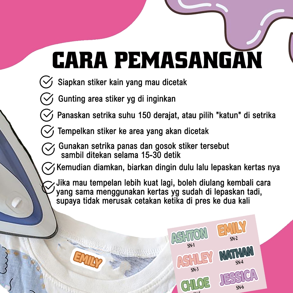 Stiker Nama Baju Stiker Nama Kain Stiker Baju Setrika Stiker Label Nama Setrika Stiker Nama DTF