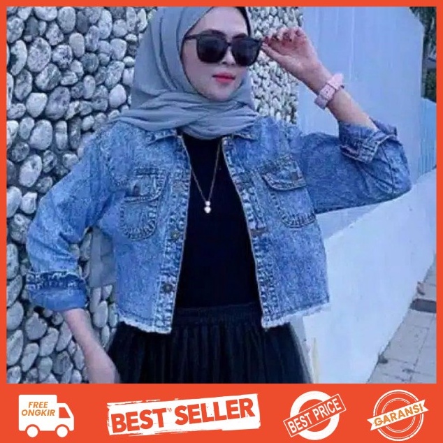 KODE G13L JAKET JEANS WANITA CHANMI CROP RAWIS SNOW BLACK